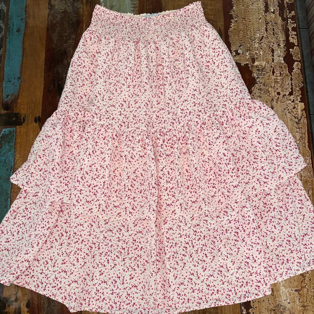Senlis Miranda Tiered Pink Country‎ Floral Pull On Midi Skirt Size Small